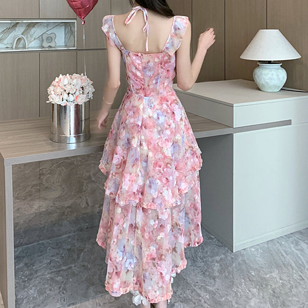 Square Neck Waist Irregular Floral Sling Dress