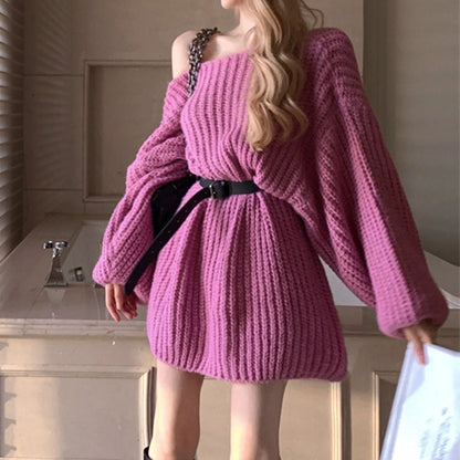 Loose Long Sleeve Belted Pink Knit Dress