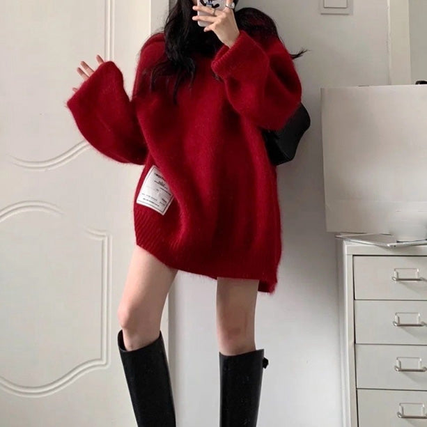 Hooded Loose Red Long Sleeve Christmas Sweater