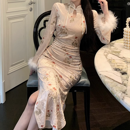 Furry Sleeve Floral Slit Slim Cheongsam Dress