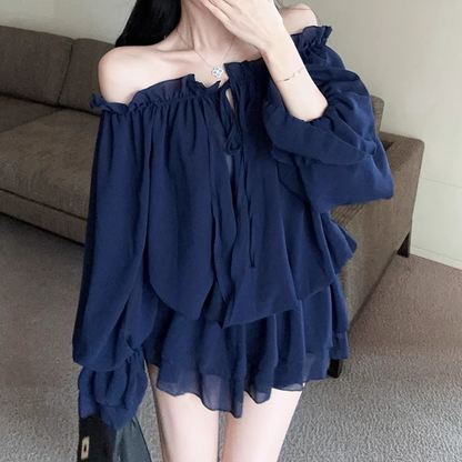 Chiffon Lantern Sleeve Loose Pleated Dress