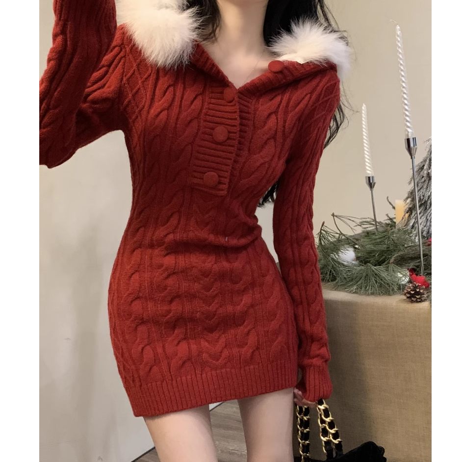 Furry Hooded Christmas Red Knitted Dress