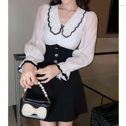 Lace Edge Doll Collar Color-Blocked Long-Sleeved Dress