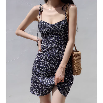 Low Cut Lace-Up Beach Floral Slip Dress