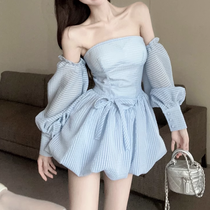 Lantern Sleeve Waist Slim Fit Puffy Tube Top Dress