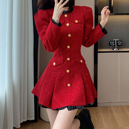 Single-Breasted Long-Sleeved Elegant Red Dress