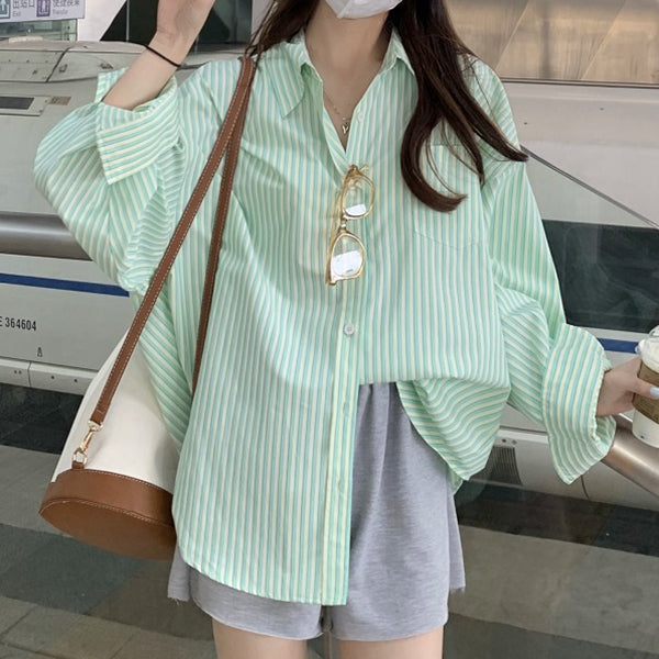 Green Striped Long-Sleeved Loose Casual Shirt