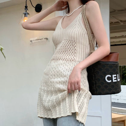 V-Neck Slim Apricot Knitted Suspender Dress