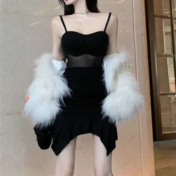 Sexy Mesh Splicing Irregular Suspender Dress