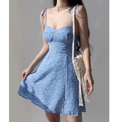 Lace-Up Waist Blue Floral A-Line Cami Dress