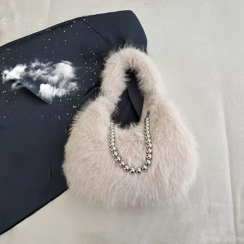 Furry Fox Fur Pearl Chain Shoulder Handbag