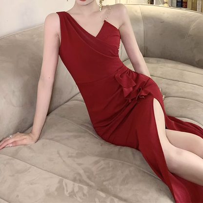 Asymmetrical Slit Slim Fit Prom Party Slip Dress