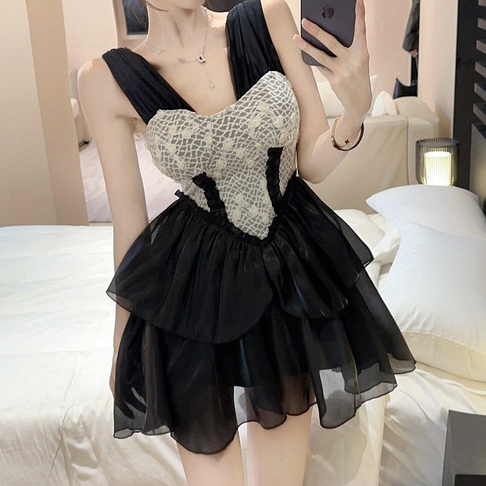 Mesh Multi-Layer Ruffled Waist Fluffy Dress