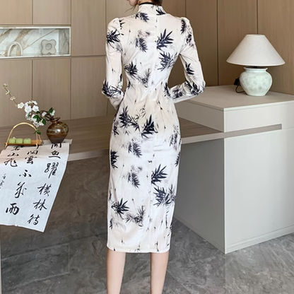 Bamboo Print Slit Slim Chinese Cheongsam Dress