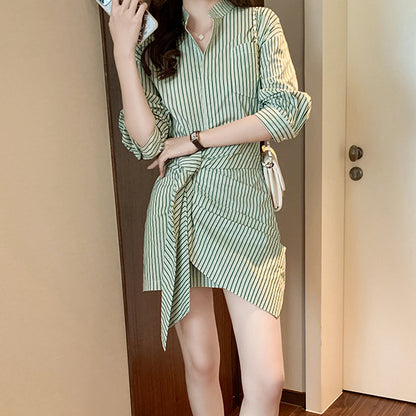 Irregular Striped Waisted Long Sleeve Shirt Dress