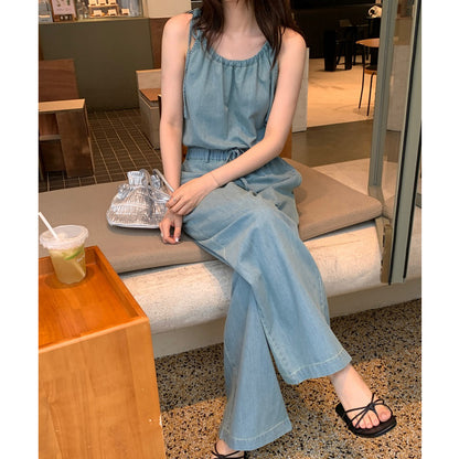 Sleeveless Elastic Waist Tie Straight Denim Jumpsuit