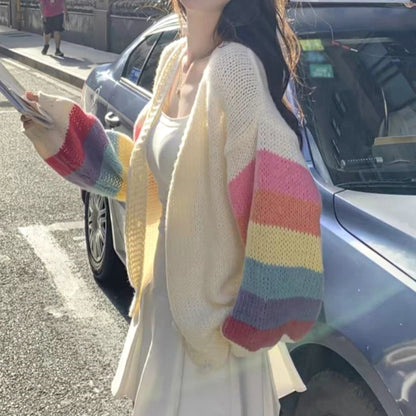 Rainbow Long Sleeve Loose V-Neck Knitted Cardigan