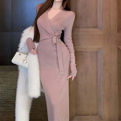 V-Neck Lace Solid Color Long-Sleeved Knitted Dress