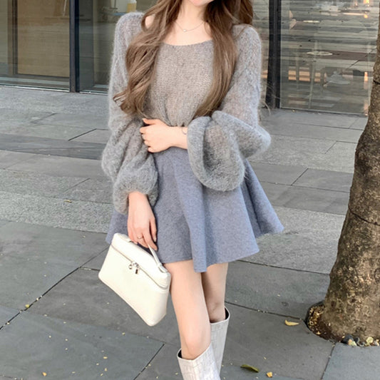 Long-Sleeved V-Neck Sweater High-Waisted Skirt Set