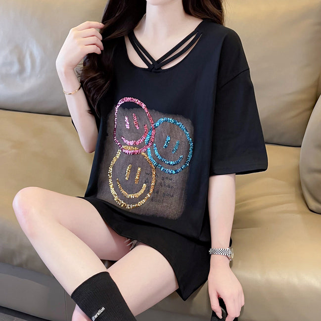 Hollow V-Neck Loose Colorful Smiley Face T-Shirt