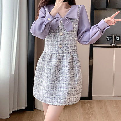 Elegant Purple Tweed Colorblock Dress