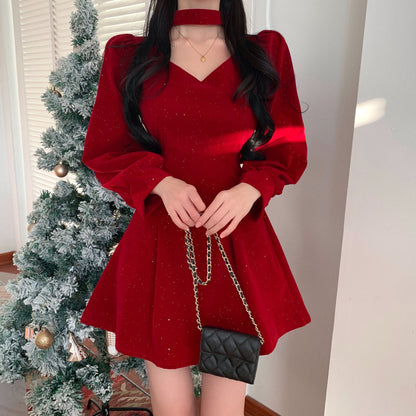 Velvet V-Neck Long-Sleeved Red Christmas Dress