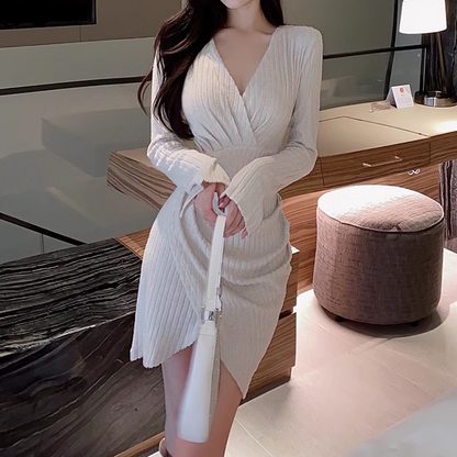 Brushed V-Neck Long Sleeve Irregular Slim Dress