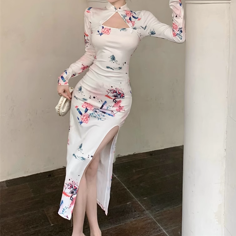 Hollow Slit Tight Flower Cheongsam Dress