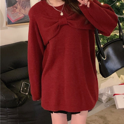 Red Bow Off-Shoulder Christmas Sweater Dress