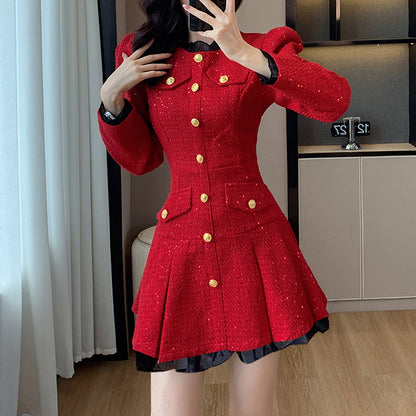 Single-Breasted Long-Sleeved Elegant Red Dress