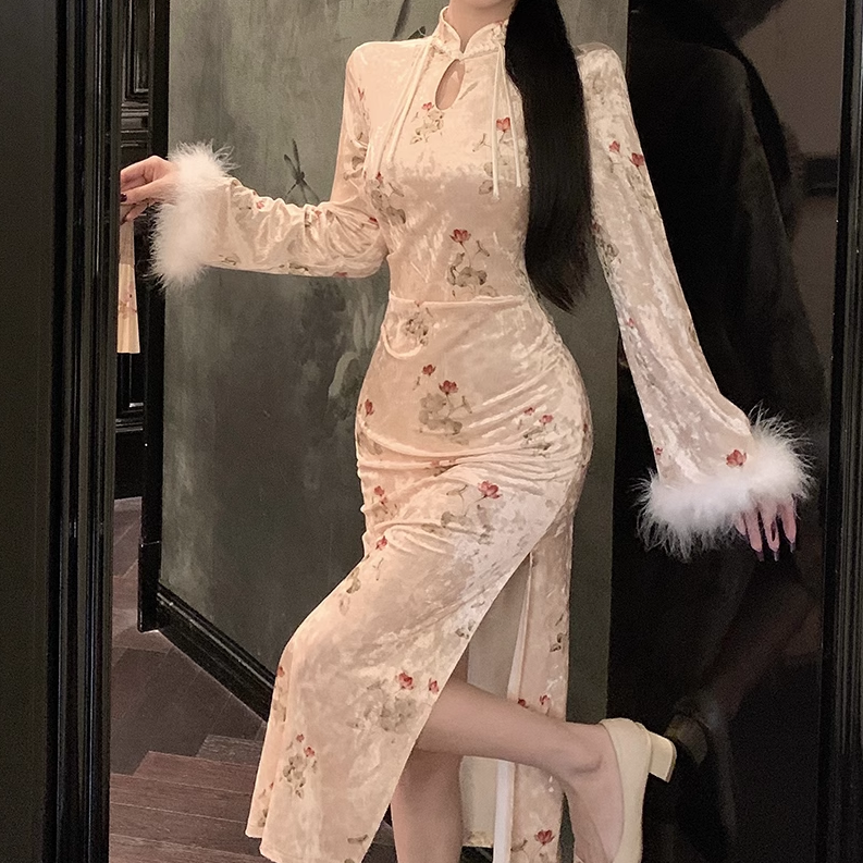 Furry Sleeve Floral Slit Slim Cheongsam Dress