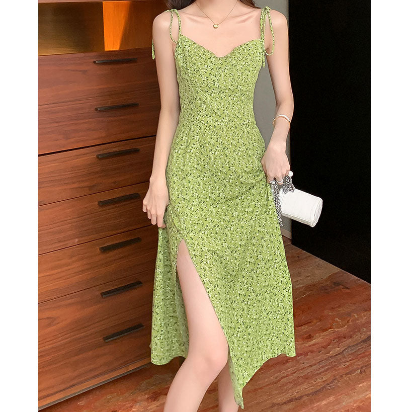 Slit V-Neck Chiffon Floral Sling Dress