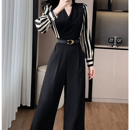 Striped Long-Sleeved V-Neck High-Waisted Wide-Leg Jumpsuit