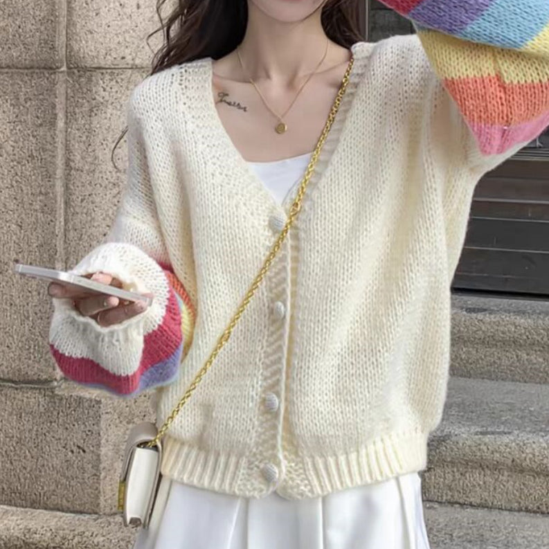 Rainbow Long Sleeve Loose V-Neck Knitted Cardigan