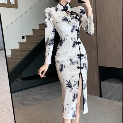 Bamboo Print Slit Slim Chinese Cheongsam Dress