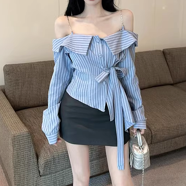 Striped Off-Shoulder Waist Tie Shirt Top