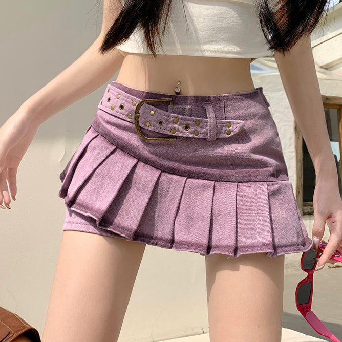 Vintage High Waist Belt Purple Denim Pleated Skirt