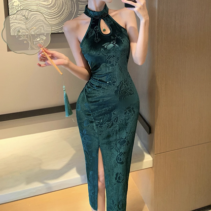 High Waist Slit Slim Hollow Cheongsam Dress