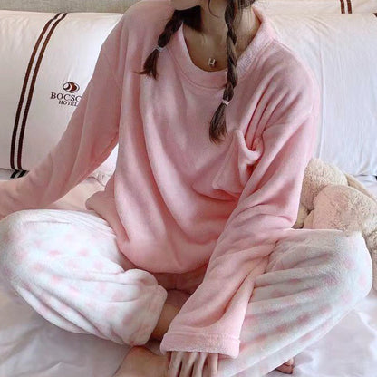 Cartoon Coral Fleece Round Neck Warm Pajamas Set