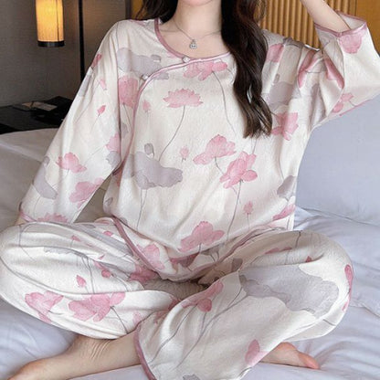 Ice Silk Thin Print Chinese Style Pajamas Set