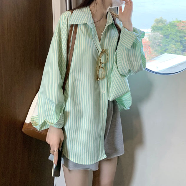 Green Striped Long-Sleeved Loose Casual Shirt