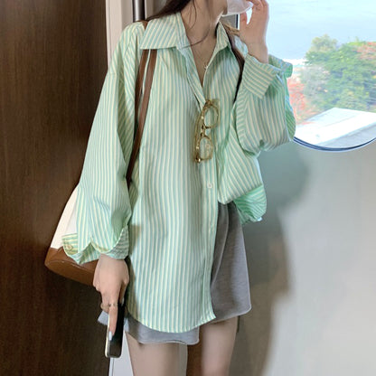 Green Striped Long-Sleeved Loose Casual Shirt