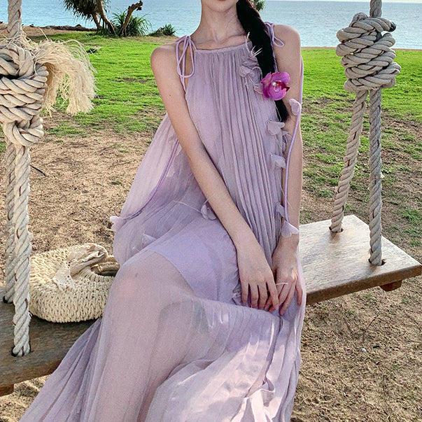 Pleated Petal Feather Seaside Holiday Purple Dress