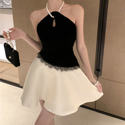 Pearl Halter Neck Splicing Princess Puffy Dress