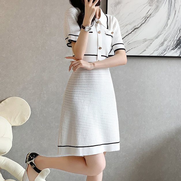 Short-Sleeved Button Elegant Ice Silk Knitted Dress