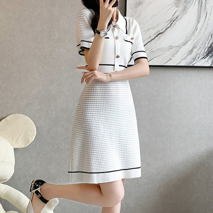 Short-Sleeved Button Elegant Ice Silk Knitted Dress