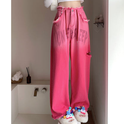 Gradient Pink Letter Destroyed Drawstring Jeans