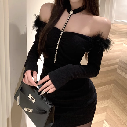 Off-Shoulder Rhinestone Raw Edge Bodycon Dress