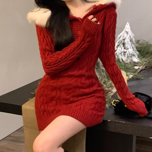 Furry Hooded Christmas Red Knitted Dress