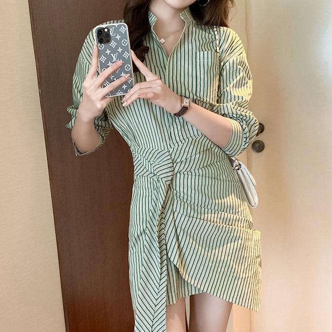 Irregular Striped Waisted Long Sleeve Shirt Dress